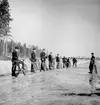 Soldater samlade vid cyklar inför hemfärd från sjukvårdsövning i fält vid F 11 Södermanlands flygflottilj, 1945. 10 soldater på en väg.

Vintertid.

Ur fotoalbum 