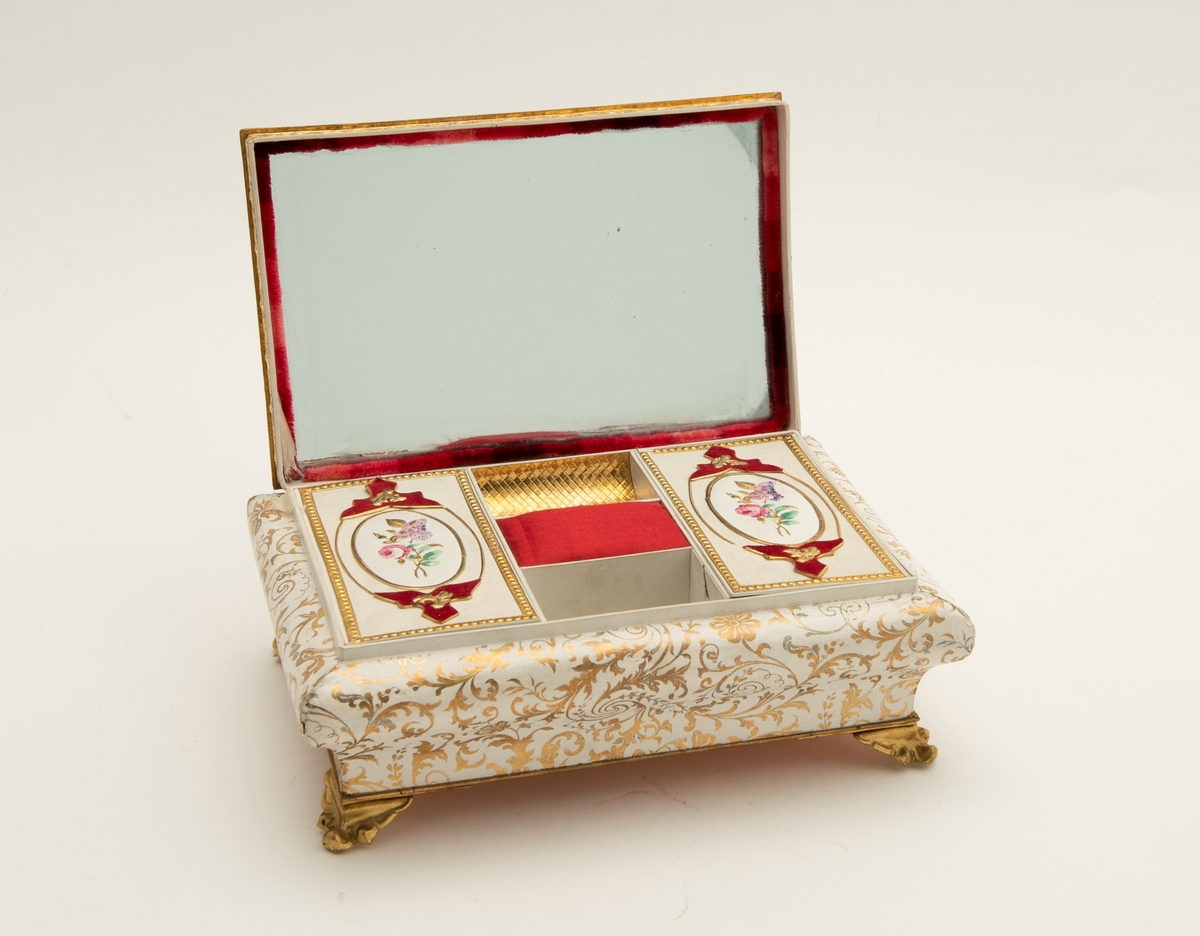 Skrin med speil i lokket. Trykket motiv på utsiden.