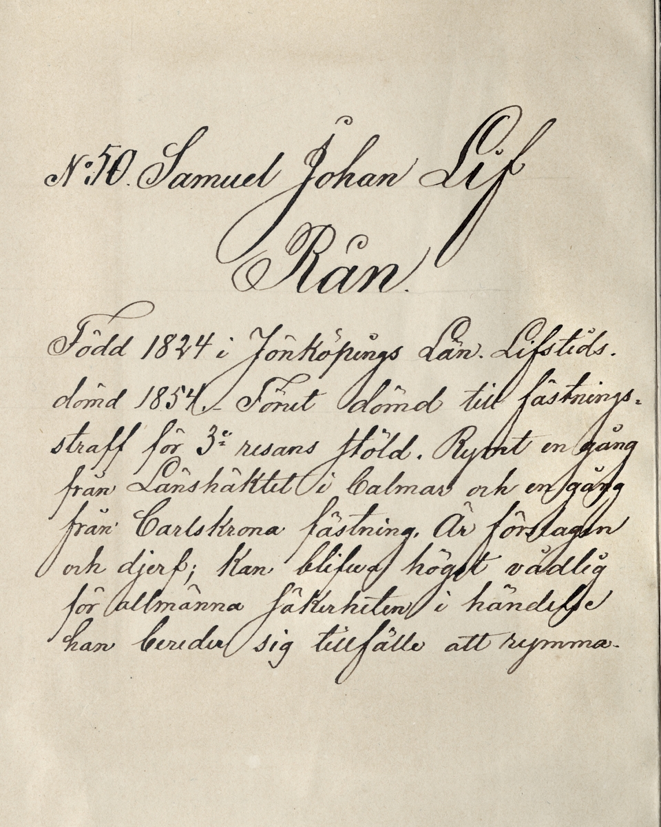 Porträtt av fången Samuel Johan Lif, Landskrona fästning år 1861. Text i albumet i anslutning till bilden. Hela albumet-se relaterat objekt