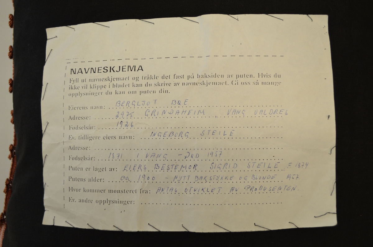Pute. På framside vove i ull, kypertbinding. Broderi i ull.
Bakside: vove i  ull. Reparert med linstoff.