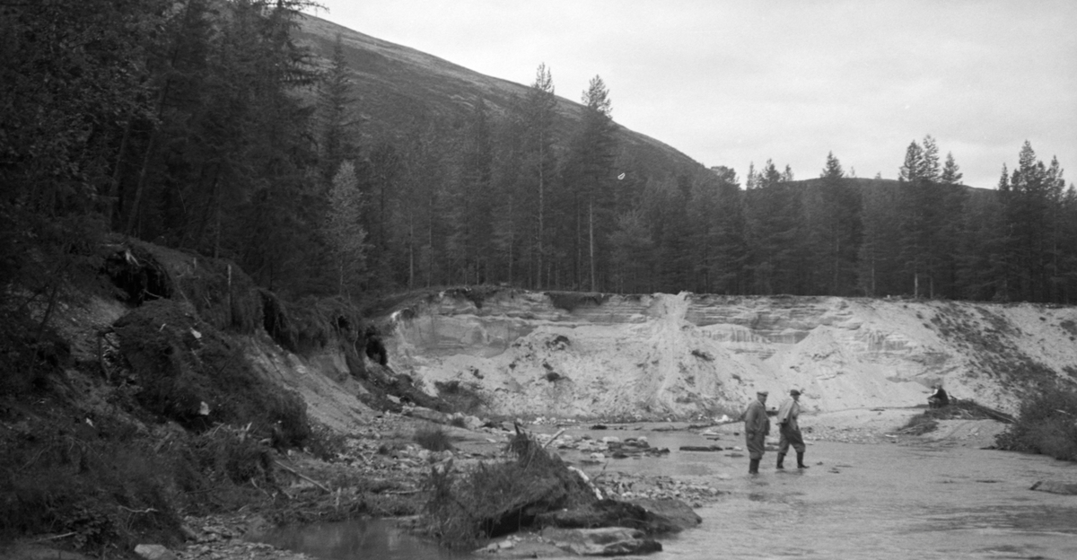 Erosjonsskade som var oppstått etter storflommen i Nordre Tysla i slutten av mai 1958. Fotografiet viser to menn som inspiserte et sted der elva hadde gravd seg inn på en sandmo, slik at det hadde oppstått en ny sving i elveløpet, der vannet hadde lagt igjen en god del grus i «innersvingen». Fløtingsfunksjonæren som tok dette fotografiet så antakelig for seg at dette kom til å bli et sted der fløtingstømmeret ville drive mot den utraste elveskråningene og sette seg fast i hauger, som det ville bli arbeidskrevende å løsne. Etter flommen ble det igangsatt meget ressurskrevende kanaliseringsarbeider i den oppdyrkete delen av bygda (jfr. fanen «Opplysninger»), men det ble neppe gjort så mye i utmarksområdene nærmere kommunegrensa mot Rendalen, der dette fotografiet sannsynligvis ble tatt.