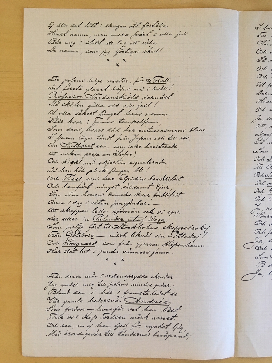 "Arktiskt mixtum pixtum på vers föredraget vid kaffet den 1 maj 1894. (Ishafsfararnes fest på Hasselbacken.)". Skrivet med bläck på rutat papper i folioformat. Författat av A. Klinckowström 30/4 1894