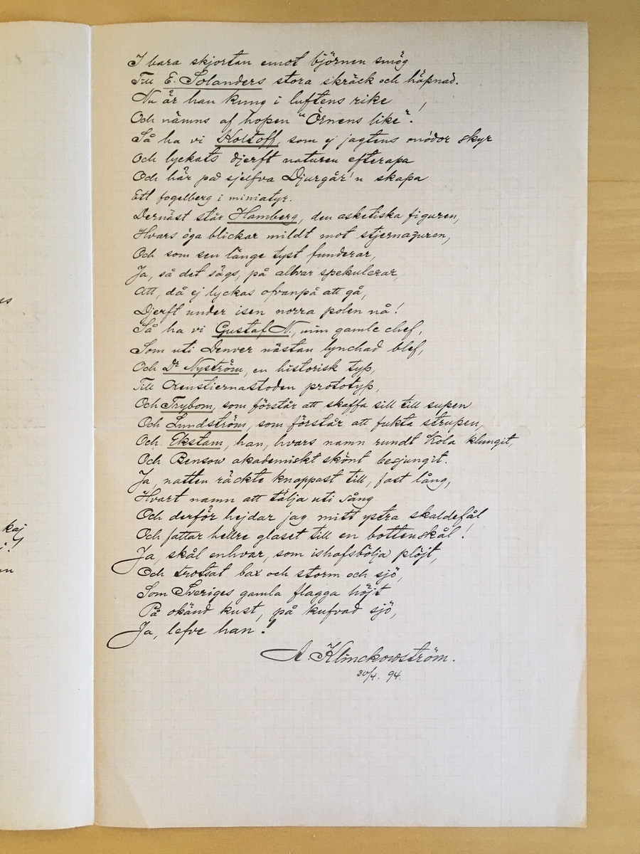 "Arktiskt mixtum pixtum på vers föredraget vid kaffet den 1 maj 1894. (Ishafsfararnes fest på Hasselbacken.)". Skrivet med bläck på rutat papper i folioformat. Författat av A. Klinckowström 30/4 1894