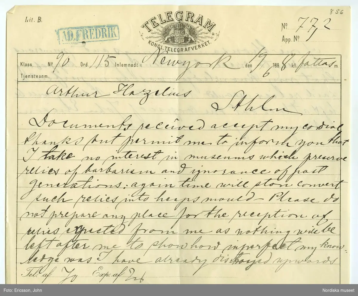 Textdokument.Telegram till Arthur Hazelius från uppfinnaren John Erickson, New York, USA. 19/6 1888. Första sidan. 