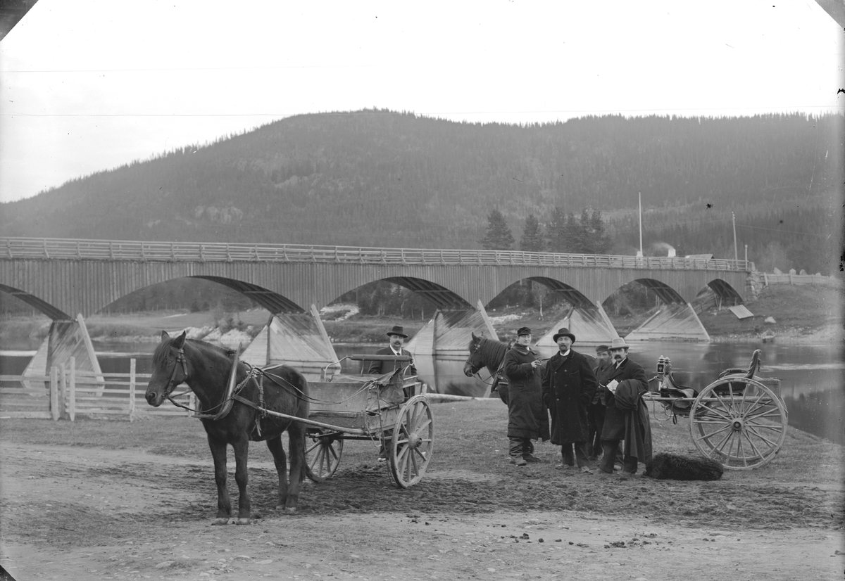 Nybergsund, på vestsida av Trysilelva, sør for den gamle brua (1879-1929).  Åsen i bakgrunnen er Klanken. Bildet er tatt på fotografens egen gårdsplass. Nr. 2 fra venstre er Otto Mejlænder (1865-1944), kommunelege i Trysil fra 1891, distriktslege fra 1909-1921.