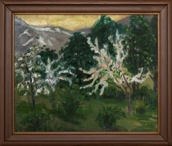 Fruktblomst med gul himmel [Maleri]