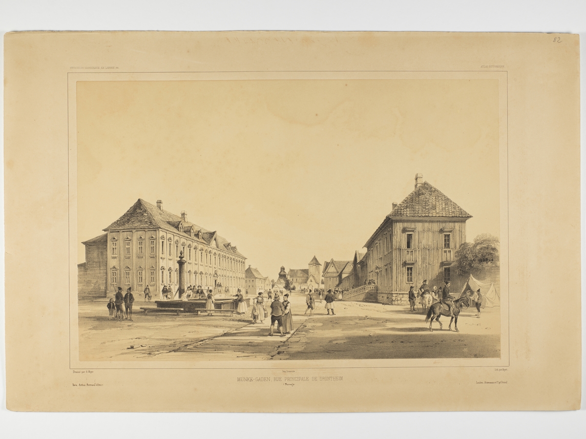 Trondheim. Hovedgaten med Munkegården og menneskefigurer. Domkirken i bakgrunnen.