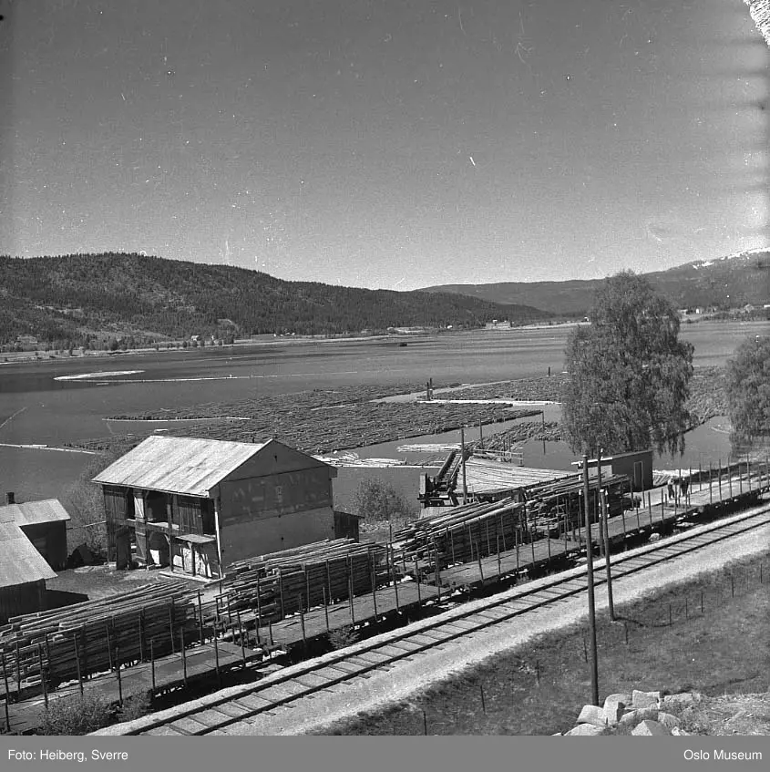 Krøderbanen, Krøderen stasjon, jernbanespor, godstog, tømmervogner, innsjø, tømmerfløting