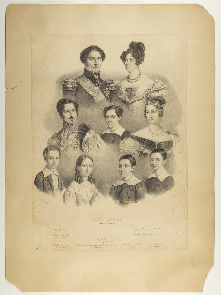 Portretter av Karl Johan og Desideria (Desireè), sønnen Oscar, svigerdatteren Josephine og deres fem barn.