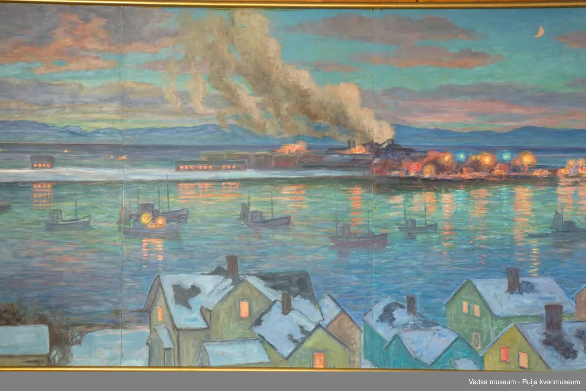 Olje på plate. Usignert. Firedelt panorama over Vadsøya m sildoljefabrikken
