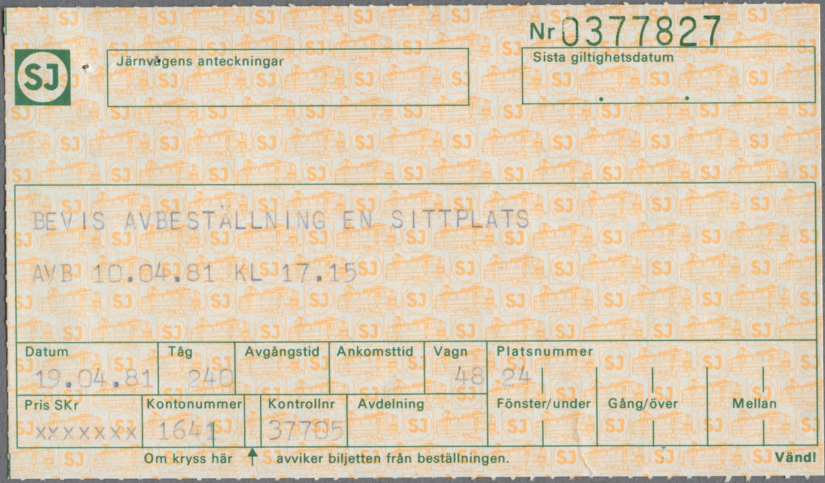 En sittplatsbiljett i 2:a klass med 100% rabatt, för sträckan Alvesta till Stockholm C. Avgångstiden är 09.05 och ankomsttiden är 13.44. Biljettens pris är 0 kronor. På baksidan finn reseinformation i grön text.
Det andra bladet är ett bevis för avbeställning, en sittplats som är avbokad 1981-04-10 klockan 17.15. På baksidan finns reseinformation i grön text.
 Det tredje bladet är en en sittplatsbiljett i 2:a klass för sträckan Alvesta till Stockholm. Med kulspetspenna är biljetten överkryssad. På baksidan finns reseinformation i grön text.