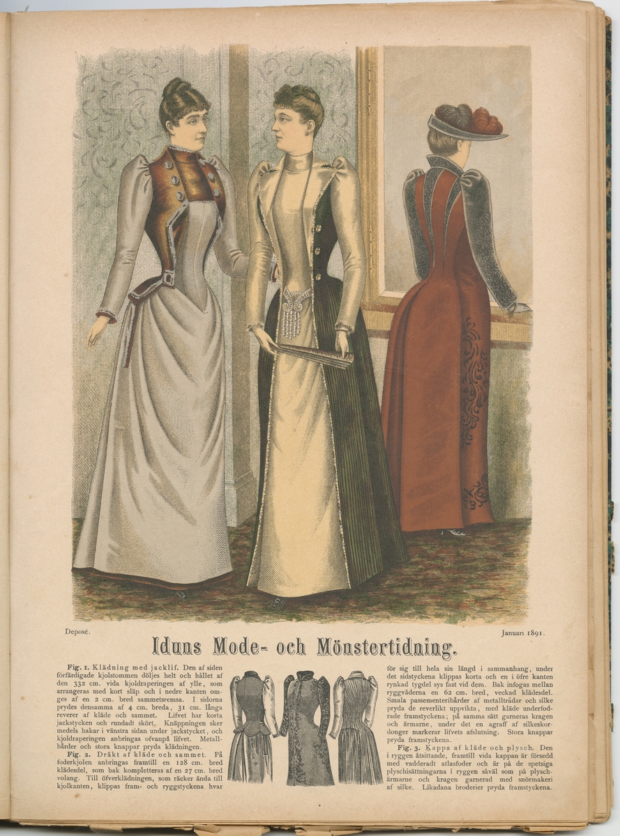 Pärmen ''spräcklig'' i svart, grönt och gult. Från år 1889. Mode-och mönstertidningen fanns i Alma Nordahls Modeaffär, Vänersborg.

X  Iduns Mode- och Mönstertidning utgifen af Fritiof Hellberg.

Se bilaga VM 17 624.