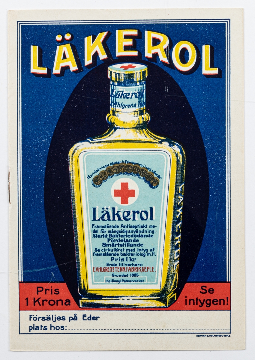 Tryckt bruksanvisning från 1909 för Läkerols flytande antiseptiska medel och Läkerins hud- och sårmedel.
