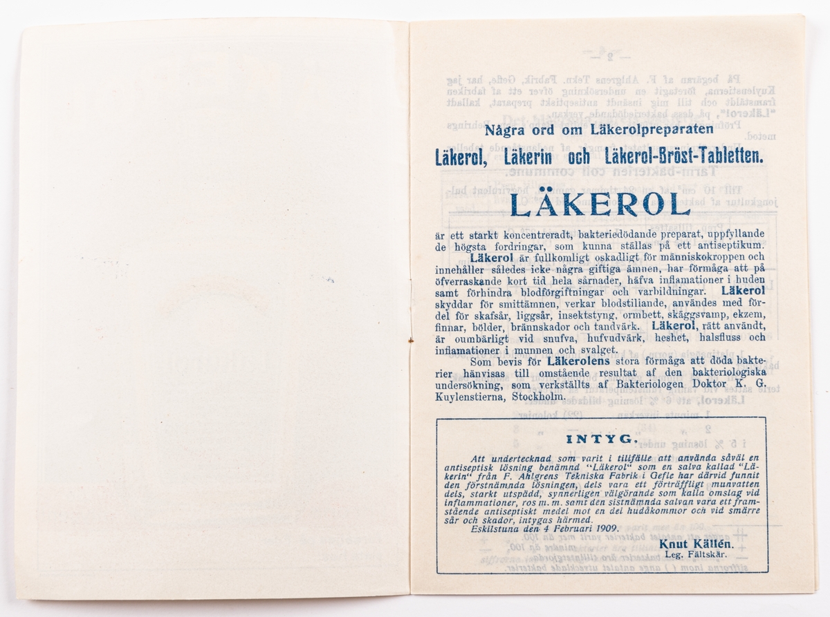 Tryckt bruksanvisning från 1909 för Läkerols flytande antiseptiska medel och Läkerins hud- och sårmedel.