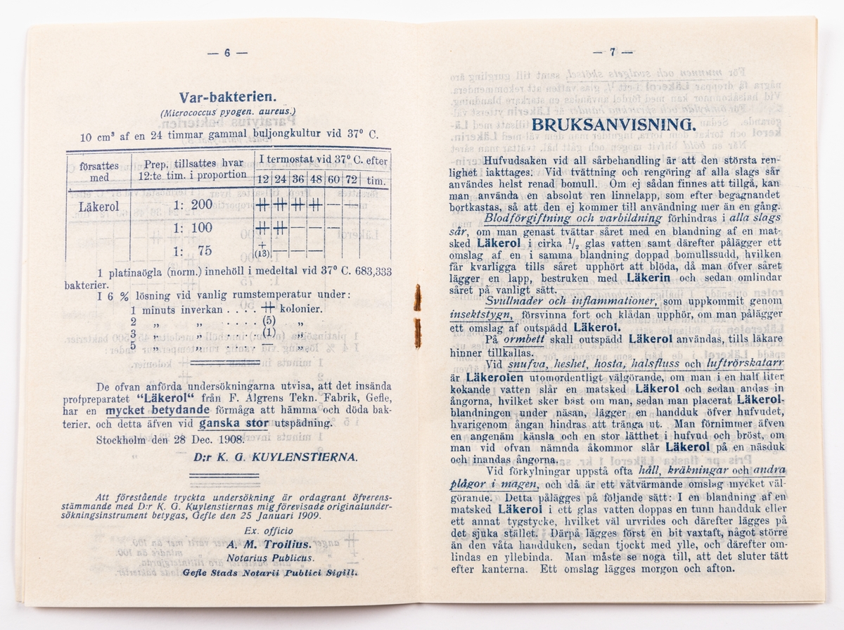 Tryckt bruksanvisning från 1909 för Läkerols flytande antiseptiska medel och Läkerins hud- och sårmedel.