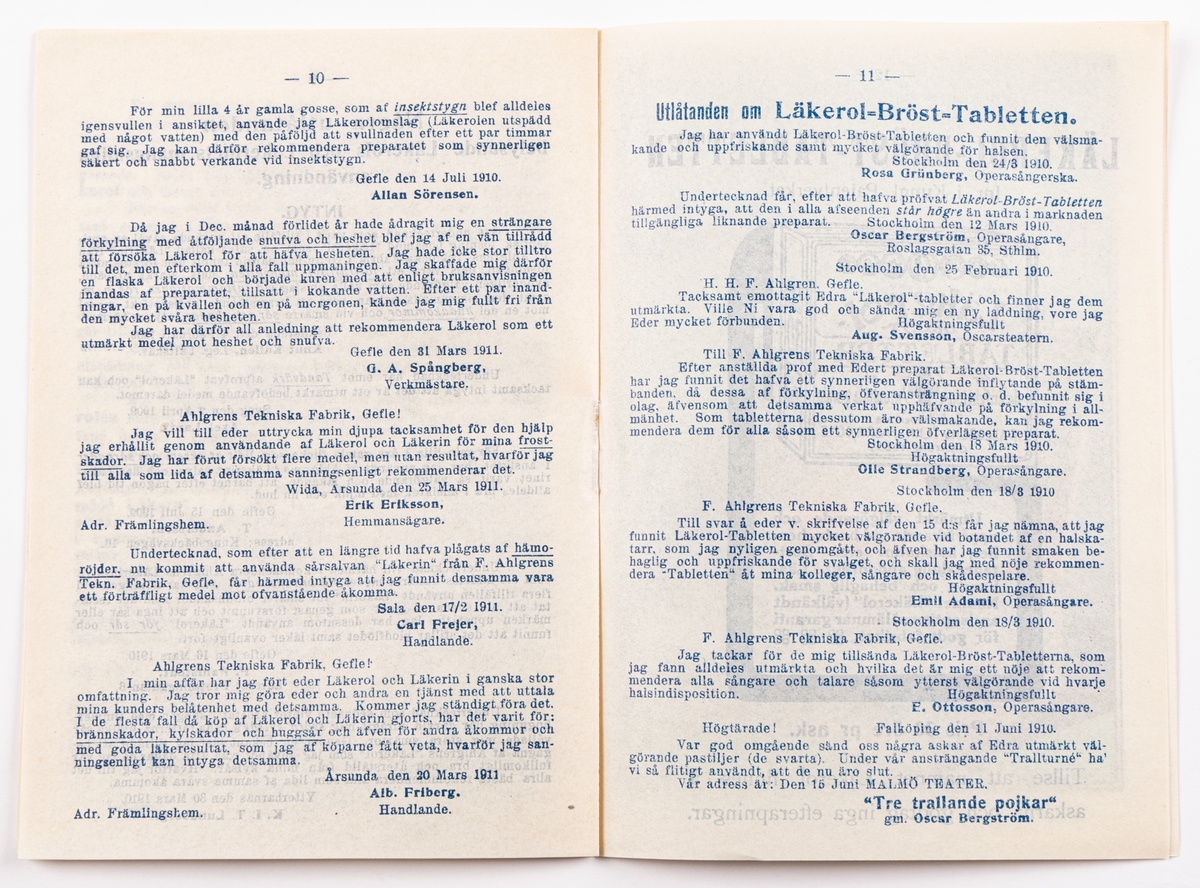 Tryckt bruksanvisning från 1909 för Läkerols flytande antiseptiska medel och Läkerins hud- och sårmedel.