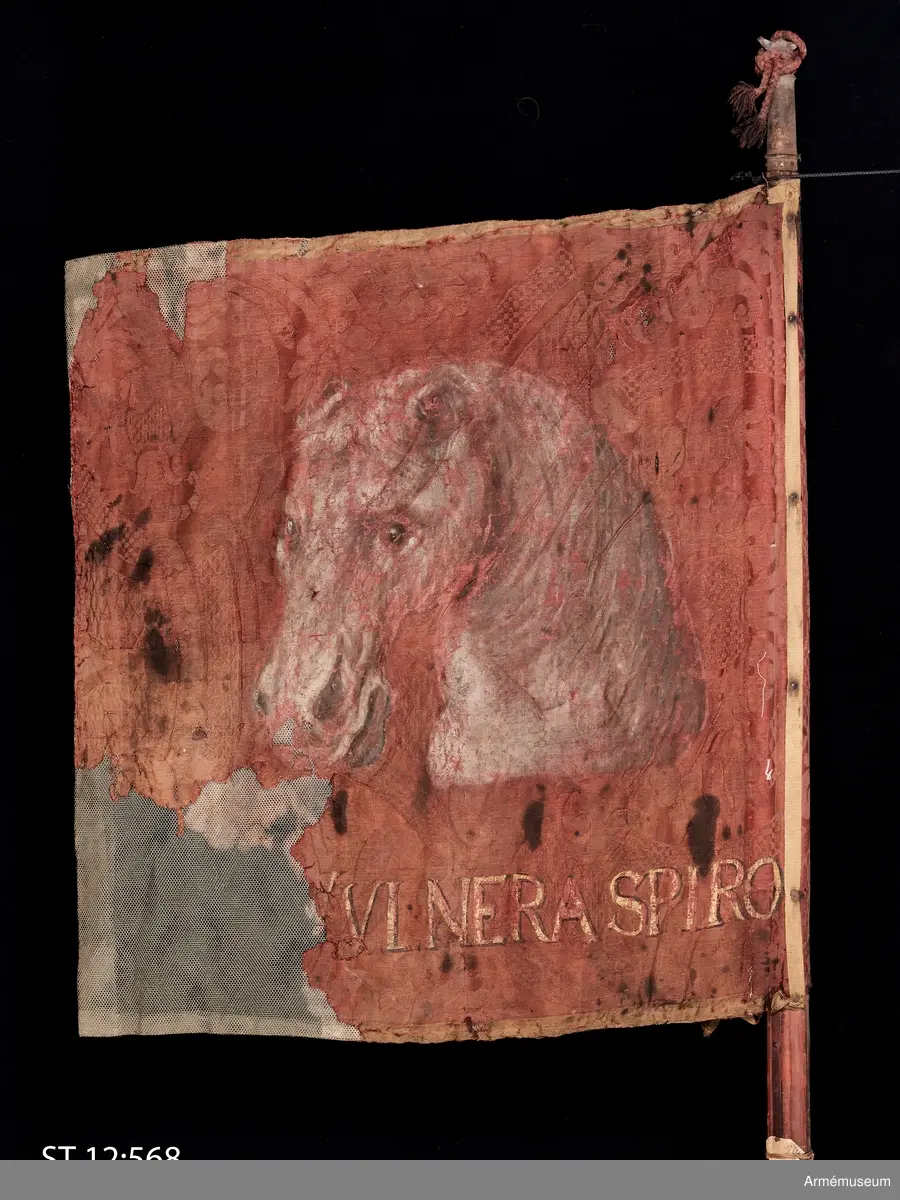 Duk av röd sidendamast. På ena sidan det Habsburgska kejsardömets vapen, en dubbelhövdad örn, med kejsar Ferdinand III:s monogram. Rester av en latinsk inskription: "TE SEQVIMV...". På andra sidan ett vitt hästhuvud. Inskription: "...NVLNERA SPIRO.
Rödmålad standarstång avsågad vid handtaget. Sekundärt förlängd med en platt pinne som surrats fast med metalltråd. Troligen av utställningsskäl. Bevarad holk och liten rest av spetsen runt vilken rester av en röd kordong sitter. Duken har brännskador i första hand på lindningen runt stången. Gammal konservering på finmaskigt nät.