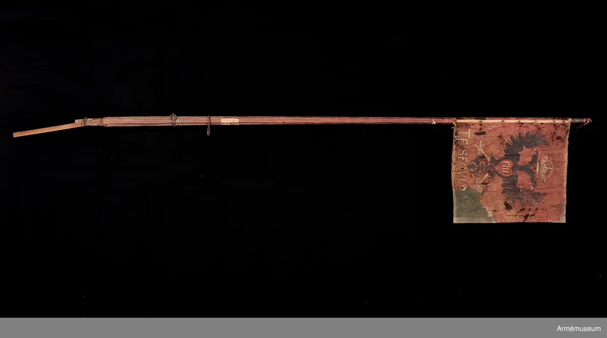 Duk av röd sidendamast. På ena sidan det Habsburgska kejsardömets vapen, en dubbelhövdad örn, med kejsar Ferdinand III:s monogram. Rester av en latinsk inskription: "TE SEQVIMV...". På andra sidan ett vitt hästhuvud. Inskription: "...NVLNERA SPIRO.
Rödmålad standarstång avsågad vid handtaget. Sekundärt förlängd med en platt pinne som surrats fast med metalltråd. Troligen av utställningsskäl. Bevarad holk och liten rest av spetsen runt vilken rester av en röd kordong sitter. Duken har brännskador i första hand på lindningen runt stången. Gammal konservering på finmaskigt nät.