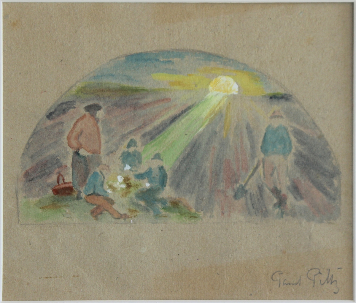 Följande står antecknat i huvudliggare: "Skiss i färg, en uppgående sol sprider sina strålar över 3 arbetare _ _  _ _ _  en _ _ _ _ och spisar, en kvinna står bredvid och ser på, en man står till höger och stöder sig mot en spade, färgerna dämpade i blått, grönt, gult, vitt, _ _ _ _ och lila.". (Svårläst text)