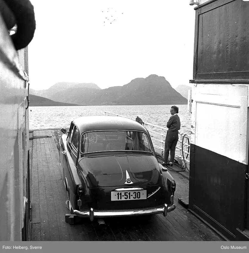 ferge, bil, kvinne, fjord, fjell