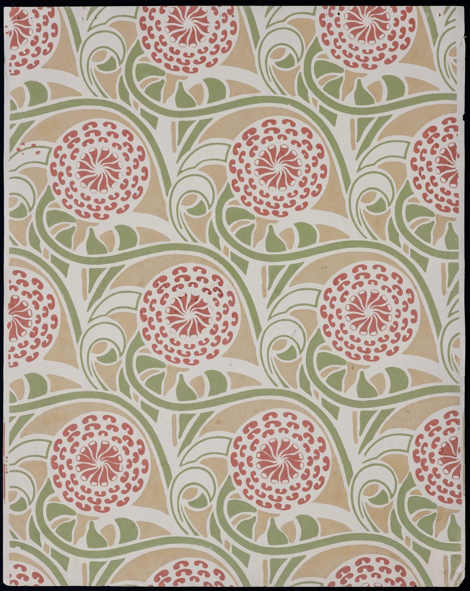 Tapetprøve med et mønster av stiliserte planteslynger med Georginer (Dahlia).
