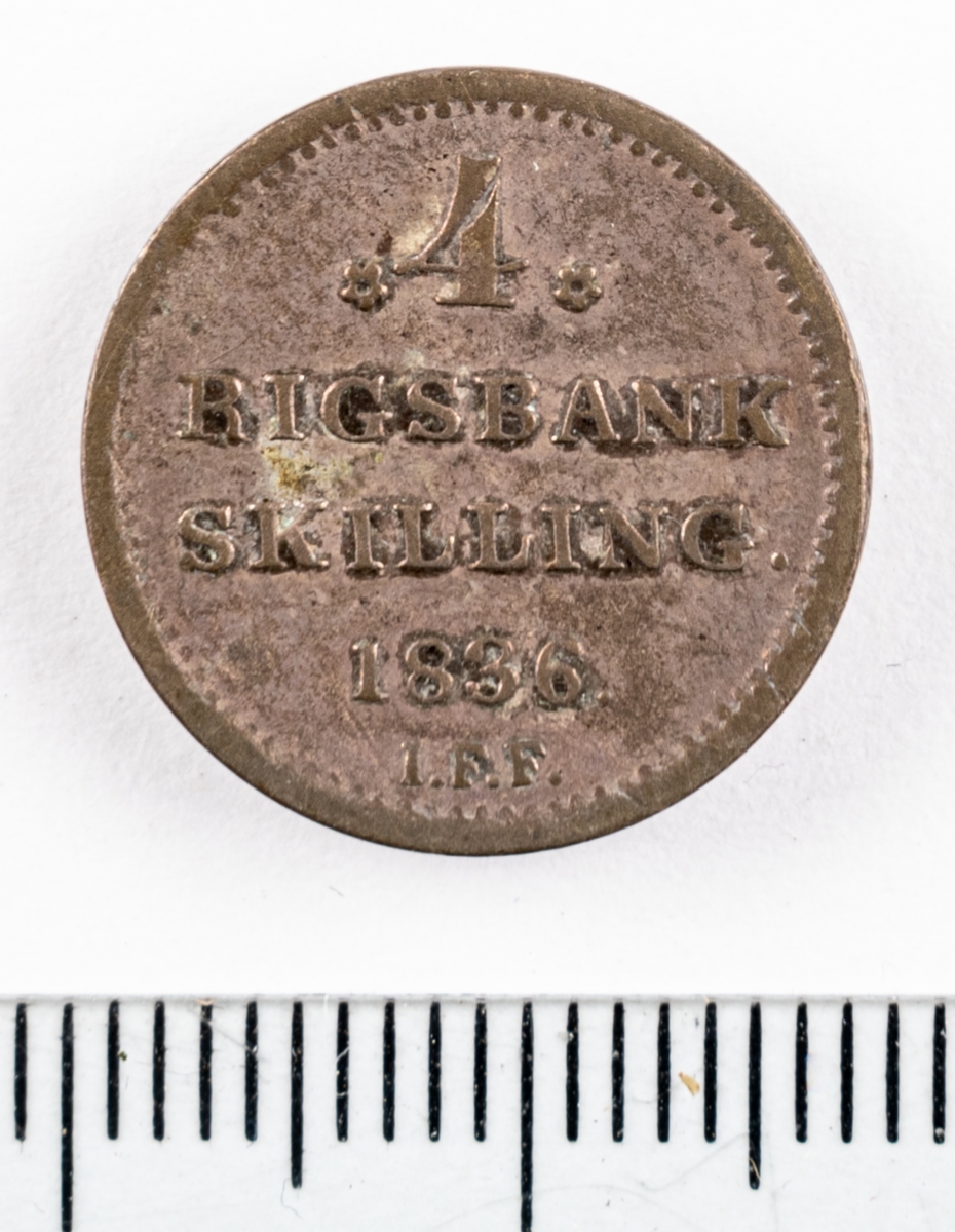 Mynt, Danmark, 1836, 4 RB.Sk. / rigsbankskilling.