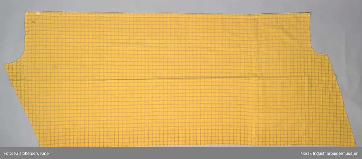 Gult stoffstykke satt sammen av tre stykker. Det er skjøtet 37 cm. fra høyre kant oppe. Pen skjøt, følger mønsteret. Jarekantene er ikke klippet av, men ligger på baksiden som sømningsmonn. På den andre siden, venstre side, er det satt på et lite stoffstykke ekstra. Det er gjort på samme måte, altså med en pen skjøt der mønsteret stemmer. Det er smale falder rundt hele stykket, men i overkant er den litt bredere. Det er et hull i stoffet. Stoffet er generelt ikke veldig slitt, og det virker ikke som dette hullet er forårsaket av alminnelig slitasje. Det må snarere være resultat av en spesiell påvirkning på akkurat det stedet. Pålimt lapp: F 09.