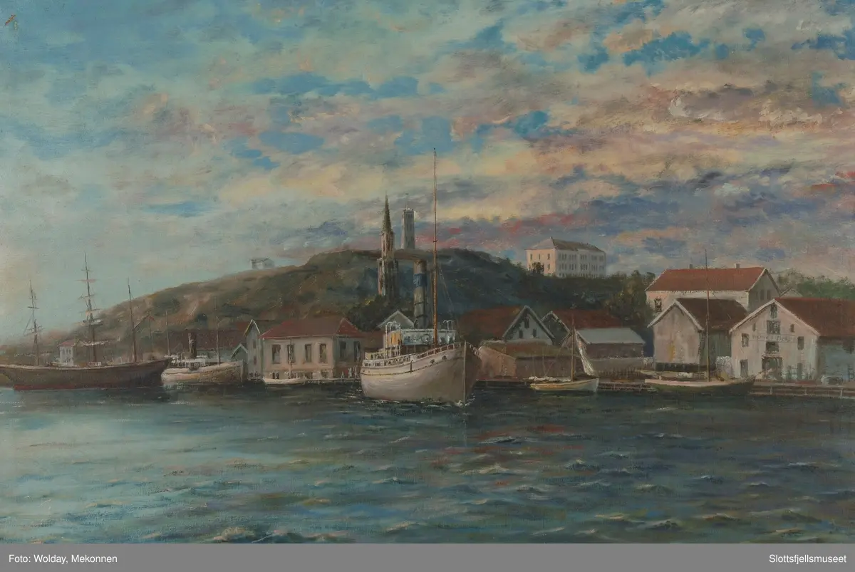 Motiv fra Tønsberg. Slottsfjellet sett fra sjøen. Seilskip og dampskip som ligger ved brygga.