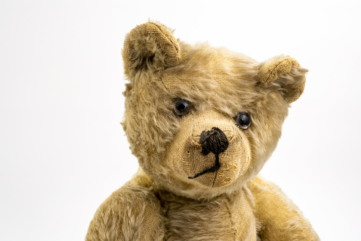 Stor teddybjørn med halmfyll (?) og kunstig pels. Alle lender er bevegelige. Påsydd snute, munn og "tær" på potene. Glassøyne. Har tilhørt Sara Fabricius.