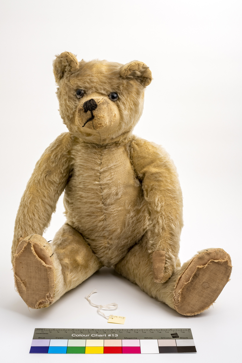 Stor teddybjørn med halmfyll (?) og kunstig pels. Alle lender er bevegelige. Påsydd snute, munn og "tær" på potene. Glassøyne. Har tilhørt Sara Fabricius.