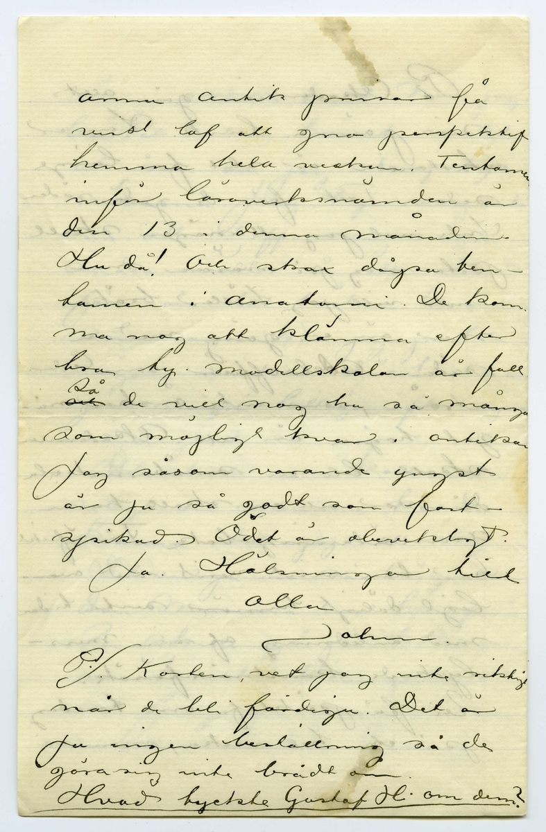 Brev 1901-04-02 från John Bauer till Emma och Joseph Bauer, bestående av fyra sidor skrivna på fram- och baksidan av ett viktpappersark. Huvudsaklig skrift handskriven med svart bläck.
.
BREVAVSKRIFT:
.
[Sida 1]
Stockholm 2 april
1901
Snälla föräldrar!
tack så mycke
för sängkläderna. Jag flyttade
in så fort de kommo. Nog
ligger jag lite hårt men det
skall ju vara hälsosamt.
Pappa, mamma [överskrivet: h] och bröderna
mår väl bra? Jag själf har
som vanligt snufva, tack vare
vårt vackra vårväder.
Vi trifvas här uppe alldeles
utmärkt. Jag riktigt njuter
hvar gång jag kommer hem.
Visserligen står mitt rum
.
[Sida 2]
ännu alldeles tomt. När jag
bäddat i ena hörnet ser det
ut som om jag stampat på
möblerna. Jag bryr mig inte
[överstruken stapel på m] om att skaffa mig några
andra möbler än ett ritbord
förr än till hösten. Under
sommaren kan jag ju låta
någon snickare där hemma
göra några billiga efter egna
ritningar.
Det skulle vara kollossalt
roligt om mamma kunde
komma hit upp ett slag.
Det var ju nu så länge se-
dan mamma var hemifrån.
Vi skulle gå på teatrarna
och konstutställningarna, och
så finge ju mamma se
sin sons enkla boning.
.
[Sida 3]
På Akademien går allt
sin jämna lunk. Lanner
historien är slut för länge
sedan. Tack för de goda råden.
Inte vill jag att någon skall
peta mig på näsan men
inte vill jag häller bråka
mer än en gång med en 
sådan Adelsofficer som Ceder-
ström, som inte önskar nå-
got högre än att Akademien
skall bli en småbarnskola
där var och en skall ha sin
anmärkningsbok. För öfrikt
har han visst varit vid ovan-
ligt dåligt humör sista tiden
med anledning af sina miss-
lyckade konstnärsförsök.
Vi få påsklof om torsdag
på [överskrivet: l] en hel vecka, men vi
.
[Sida 4]
arma antik prissar få
visst lof att gno perspektif
hemma hela veckan. Tentorna
inför
läroverksnämnden är
den 13 i denna månaden.
Hu då! och strax därpa ten-
tamen i anatomi. De kom-
ma nog att klämma efter
bra ty modellskolan är full
[överstruket: och] så de vill nog ha så många
som möjligt kvar i antiken
Jag såsom varande yngst
är ju så godt som fast-
spikad. Ödet är obevekligt.
Ja. Hälsningar till
alla
John
P.S. Korten vet jag inte riktigt
när de bli färdiga. Det är 
ju ingen beställning så de
göra sig inte brådt om
Hvad tyckte Gustaf H. om dem?