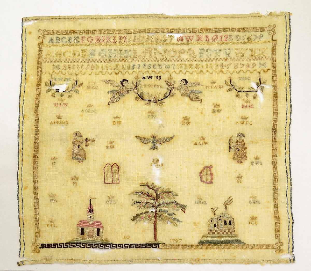 Navneduk. Navnedug fra 1787 med slægtregister over slægten Anna Winther og Jochum Jørgensen. Navneduken med bokstavrækker, figurer, hus, trær o.l i mange farver. Genealogisk forklaringer av Christi paa papirstrimler ved sidene. Fra protokoll.