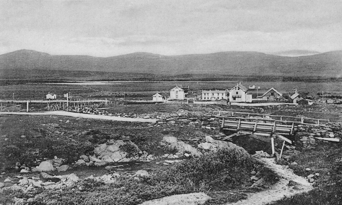 Fokstua fjellstue på Dovrefjell.  Anlegget er fotografert fra øst.  I forgrunnen ses kongevegen mellom Dovre og Oppdal idet den passerer en liten bekk på ei trebru.  Nedenfor ligger Fokstugu-garden med kvite våningshus, stabbur og driftsbygning.  Bakenfor ses et myrlandskap med vannspeil, og helt i bakgrunnen slake ås- eller fjellrygger. 