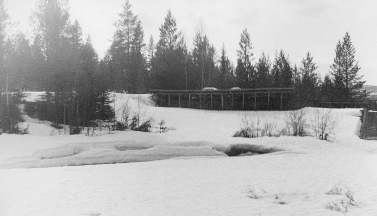 Fiskvikrokkdalsdammen i elva Rokka i Rendalen, fotografert på en seinvintersdag i 1943. Landskapet og vassdraget var ennå dekt av snø. Vi ser imidlertid skådammen som ledet inn mot damløpet som en bratt snøkant sentralt i bildet, og vi ser takoverbygget over den østre damarmen mot den glisne barskogen i bakgrunnen. Motivet inngår i et todelt opptak - jfr. SJF.1989-04651. Mer informasjon om denne fløtingsdammen finnes under fanen «Andre opplysninger».