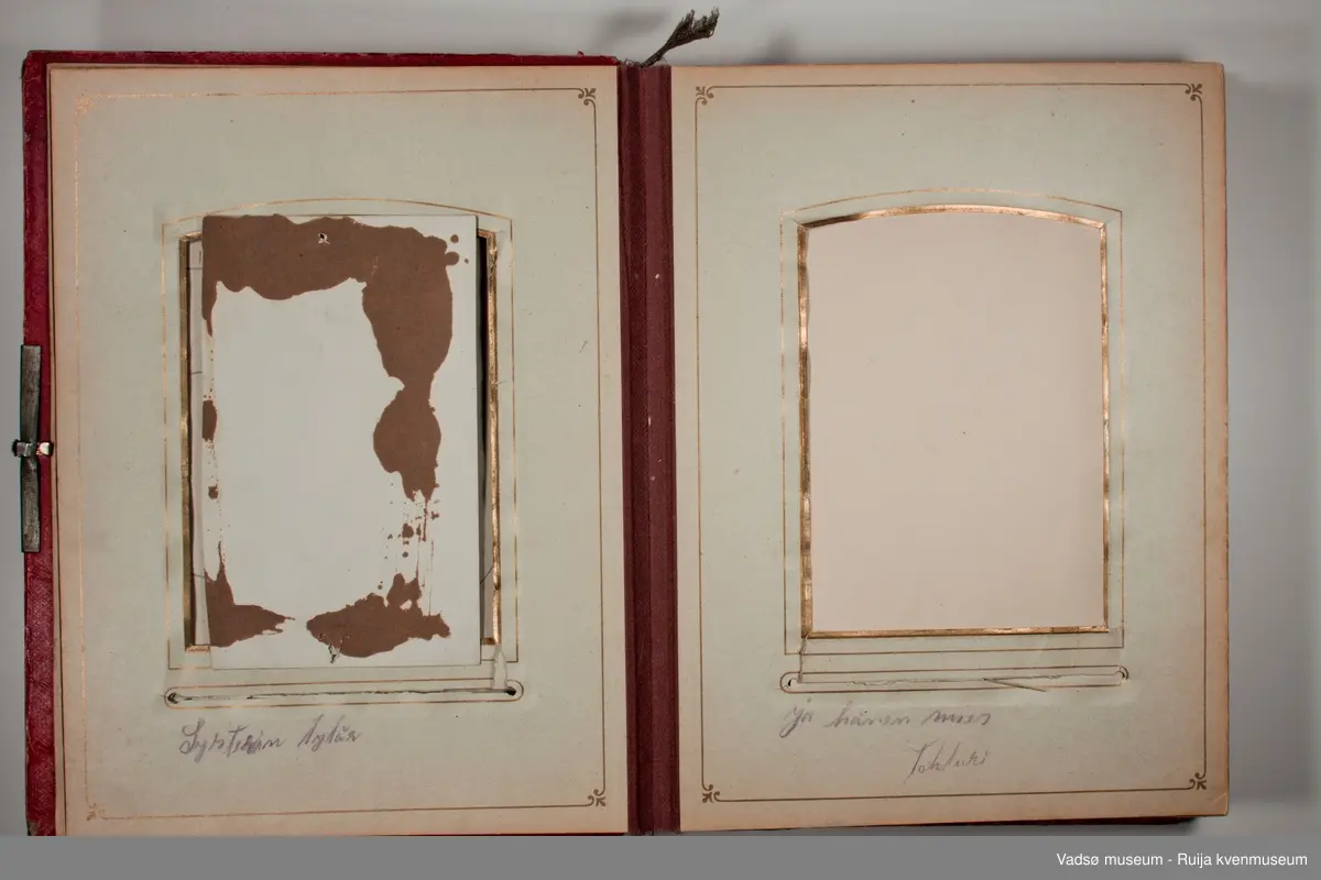 Albumet inneholder familebilder, kabinettkort for det meste. Det er 11 tintype i albumet. 

Om Tintype fotografering:

Tintype kom i 1853. Kvaliteten på bildet var dårlig, men prosessen ble raskt populær blant amatører og kanonfotografere. Dette var en enkel og billig prosess. I stedet for glass ble emulsjonen lagt på en tynn metallplate som ble fortinnet og malt svart. Når negativet lå på en mørk bakgrunn hadde det den effekt at det virket som et positivt bilde. Hos fagfotografen var det gjerne de bemidlede borgerne som lot seg fotografere, men med denne prosessen kunne også arbeideren ha råd til å la seg avbilde. Disse bildene tatt med tintype har i ettertid vært viktige for historikere som har forsket på det lavere sosiale laget av befolkningen.  Tintype prosessen var rask, krevde lite kjemi, og siden metallplaten ikke trakk vann så tørket den med det samme. Bildene kunne klippes til så de passet i medaljonger eller i små papirrammer, og de tålte å bli sendt i posten. Prosessen ble brukt helt frem til 1950 tallet, da den ble overtatt av polaroidfotografiet og 35mm film.