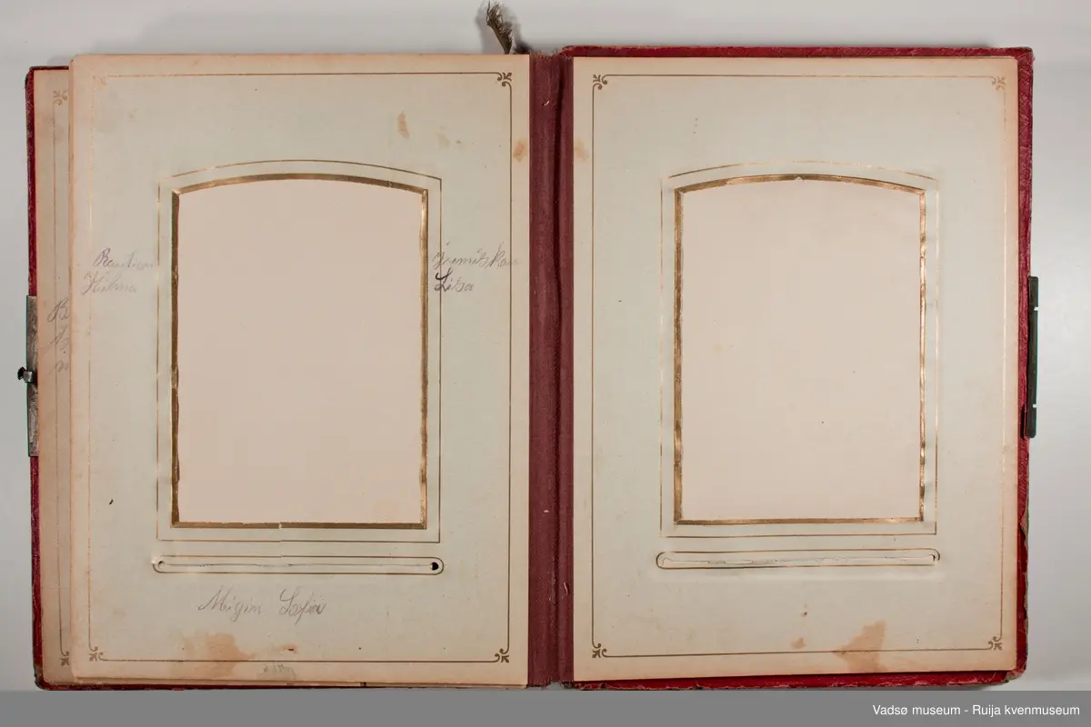 Albumet inneholder familebilder, kabinettkort for det meste. Det er 11 tintype i albumet. 

Om Tintype fotografering:

Tintype kom i 1853. Kvaliteten på bildet var dårlig, men prosessen ble raskt populær blant amatører og kanonfotografere. Dette var en enkel og billig prosess. I stedet for glass ble emulsjonen lagt på en tynn metallplate som ble fortinnet og malt svart. Når negativet lå på en mørk bakgrunn hadde det den effekt at det virket som et positivt bilde. Hos fagfotografen var det gjerne de bemidlede borgerne som lot seg fotografere, men med denne prosessen kunne også arbeideren ha råd til å la seg avbilde. Disse bildene tatt med tintype har i ettertid vært viktige for historikere som har forsket på det lavere sosiale laget av befolkningen.  Tintype prosessen var rask, krevde lite kjemi, og siden metallplaten ikke trakk vann så tørket den med det samme. Bildene kunne klippes til så de passet i medaljonger eller i små papirrammer, og de tålte å bli sendt i posten. Prosessen ble brukt helt frem til 1950 tallet, da den ble overtatt av polaroidfotografiet og 35mm film.