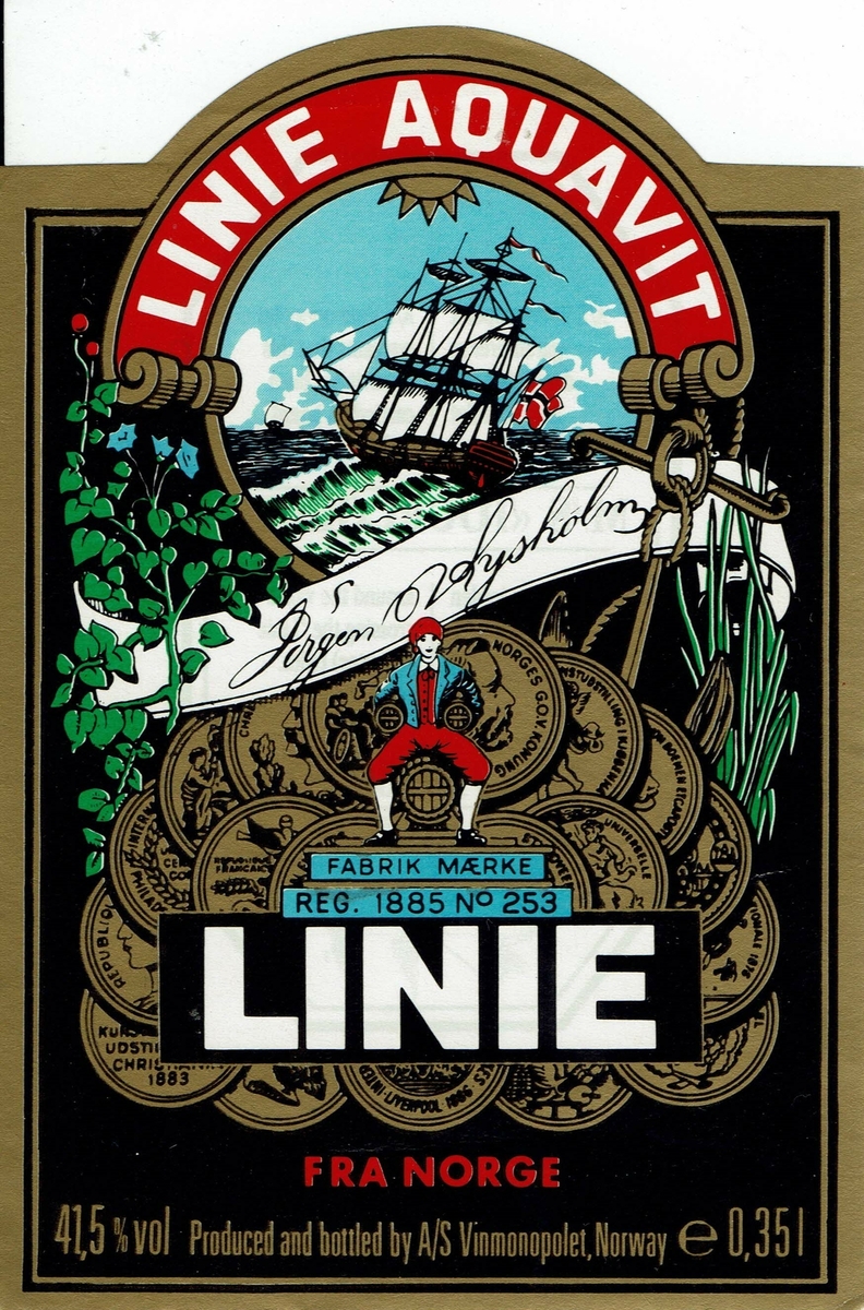 Lysholm Linie Aquavit. 1991. Forside- og baksideetikett. Med norsk og engelsk tekst og markedsføring.  
