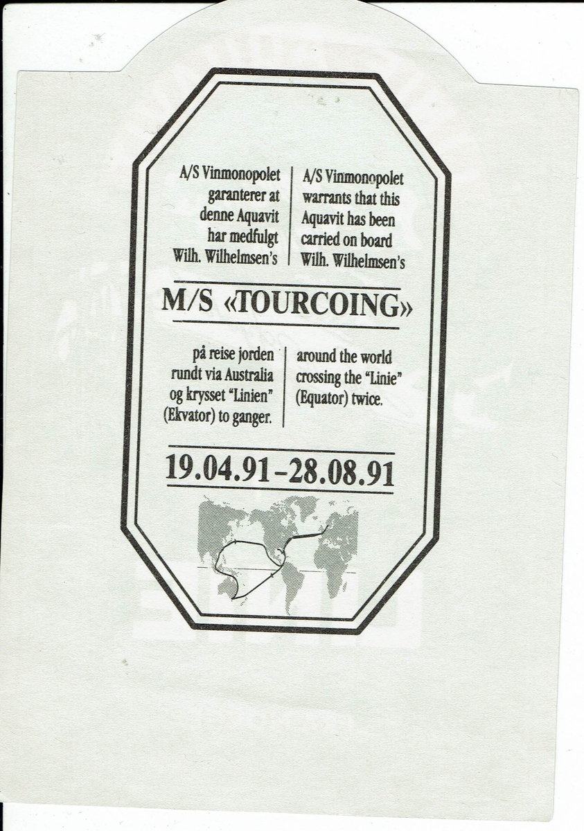 Lysholm Linie Aquavit. 1991. Forside- og baksideetikett. Med norsk og engelsk tekst og markedsføring.  