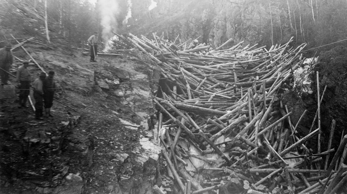 Stor tømmervase i Fallet i Flena i Ytre Rendalen våren 1937. Fotografiet er tatt i motstrøms retning. Det viser hvordan tømmerstokkene har hopet seg opp i sjølve fossen, og hvordan vannet bruser mellom tømmerstokker som spriker i alle retninger. Ved å betrakte dette bildet aner en også hvordan haugen «bygger seg» bakover - ovenfor fossefallet - ved at nytt virke som kommer flytende på elva stadig blir stanset av det fastkilte tømmeret.  På begge sider av sjølve fossen ses noe av det steile berget som omgir denne delen av elvefaret. På berget til venstre står fem fløtere og betrakter den utfordringa haugen representerer. Et tau eller en vaier later til å være spent på tvers av elveleiet foran og over dem, antakelig som ledd i et adkomst- og sikringstiltak for dem som etter hvert skulle løse tømmeret (jfr. SJF. 1990-01545). Noe høyere opp ved elvefaret synes det å stige opp røyk, muligens fra en kvileplass med kaffevarme.