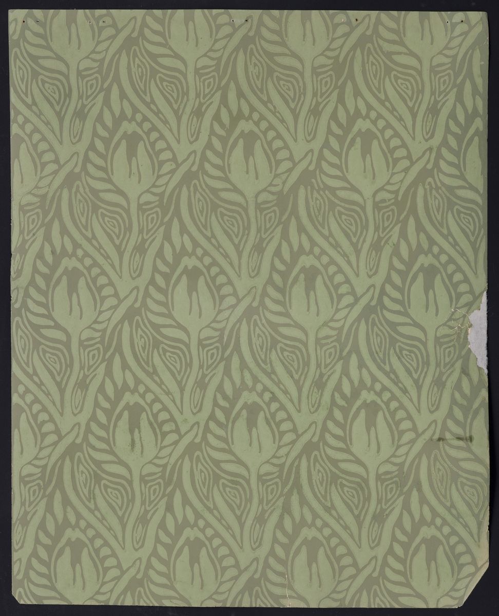 Bok/ hefte med 26 tapetprøver à 47,8 x 59,8 cm. Boken består av 5 mønster med ulike fargevariasjoner. Mønstrene er Tulipan, Akeleie, Dahlia, Dynamografikk og ett uten navn.