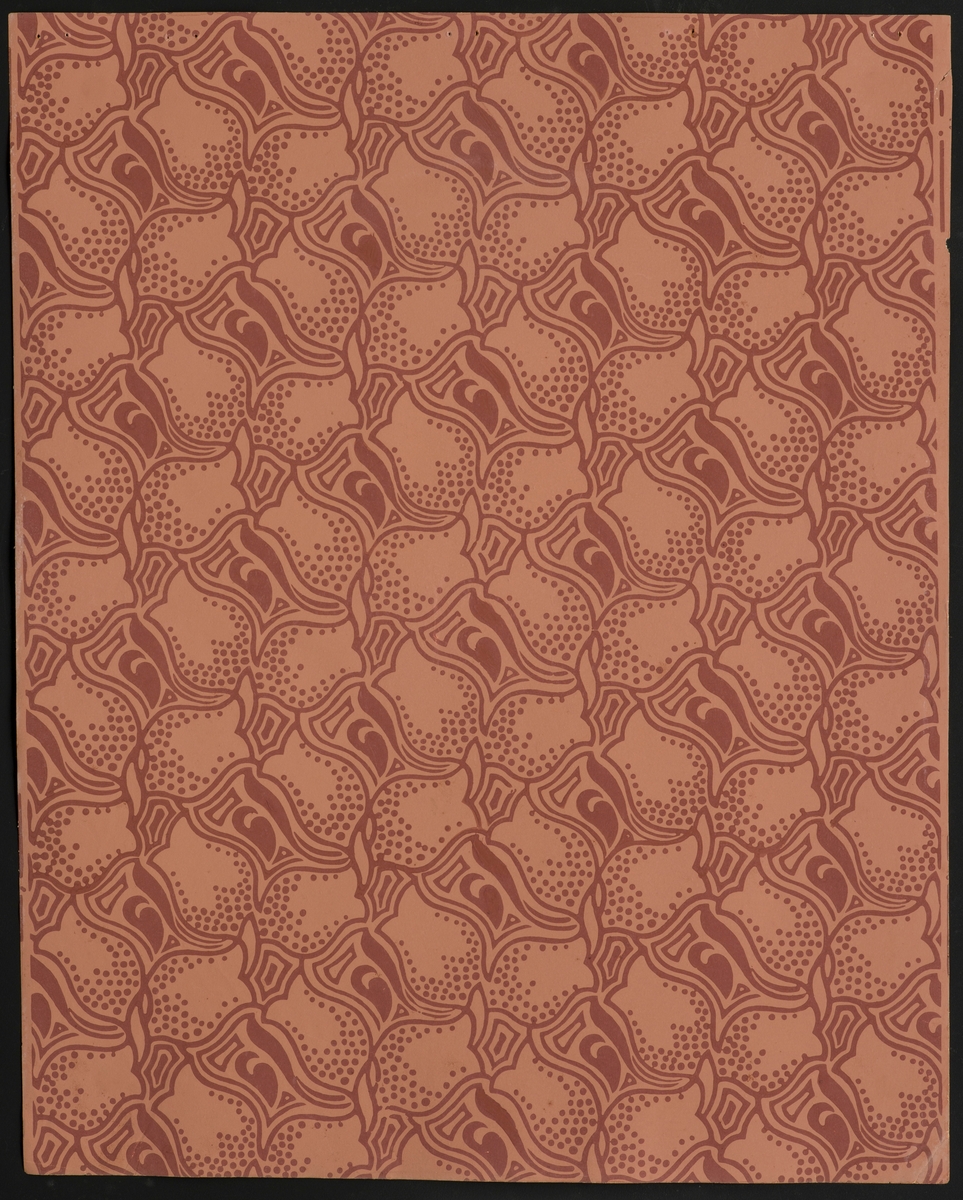 Bok/ hefte med 26 tapetprøver à 47,8 x 59,8 cm. Boken består av 5 mønster med ulike fargevariasjoner. Mønstrene er Tulipan, Akeleie, Dahlia, Dynamografikk og ett uten navn.