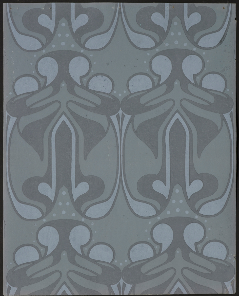 Bok/ hefte med 26 tapetprøver à 47,8 x 59,8 cm. Boken består av 5 mønster med ulike fargevariasjoner. Mønstrene er Tulipan, Akeleie, Dahlia, Dynamografikk og ett uten navn.