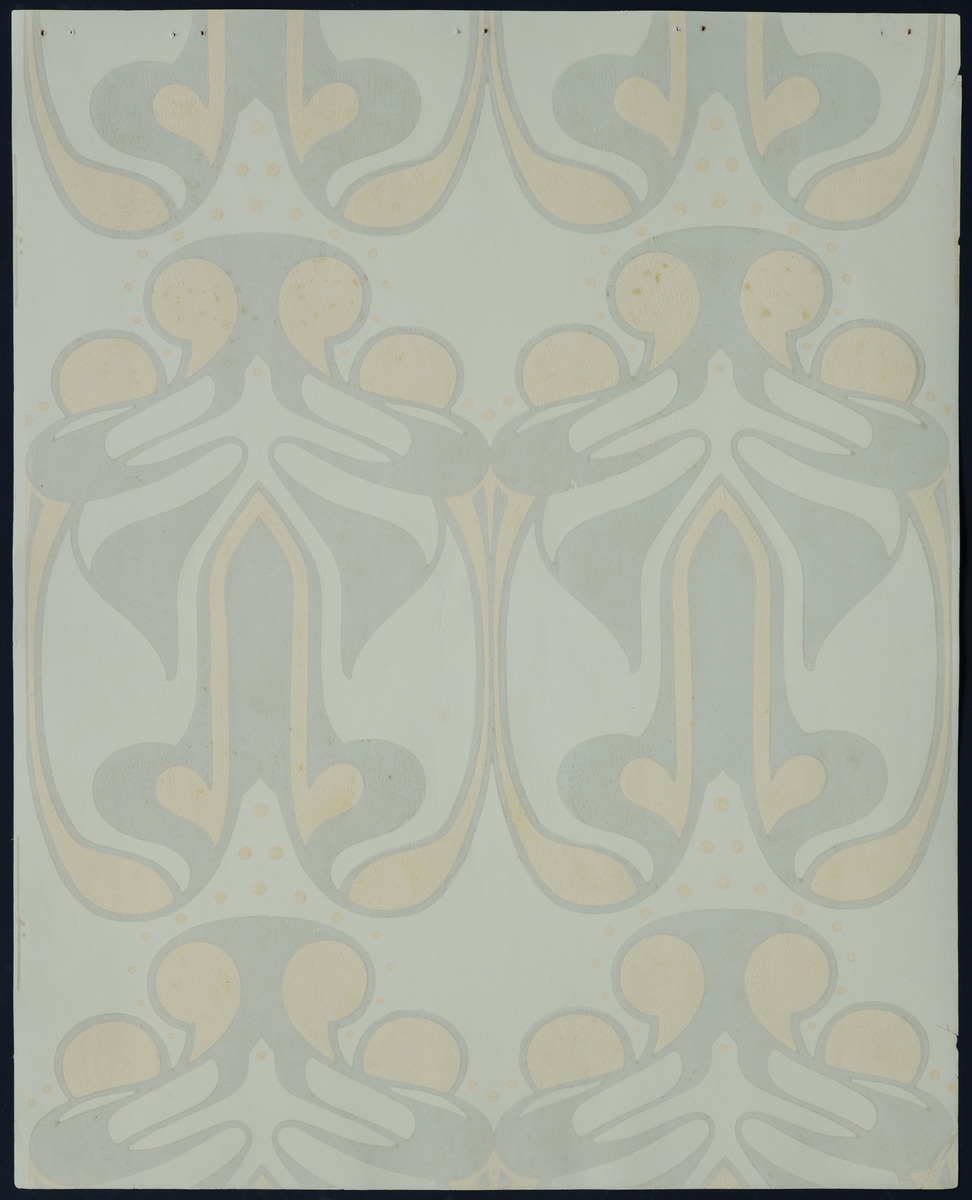 Bok/ hefte med 26 tapetprøver à 47,8 x 59,8 cm. Boken består av 5 mønster med ulike fargevariasjoner. Mønstrene er Tulipan, Akeleie, Dahlia, Dynamografikk og ett uten navn.