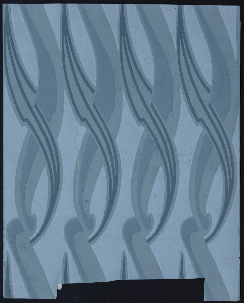 Bok/ hefte med 26 tapetprøver à 47,8 x 59,8 cm. Boken består av 5 mønster med ulike fargevariasjoner. Mønstrene er Tulipan, Akeleie, Dahlia, Dynamografikk og ett uten navn.