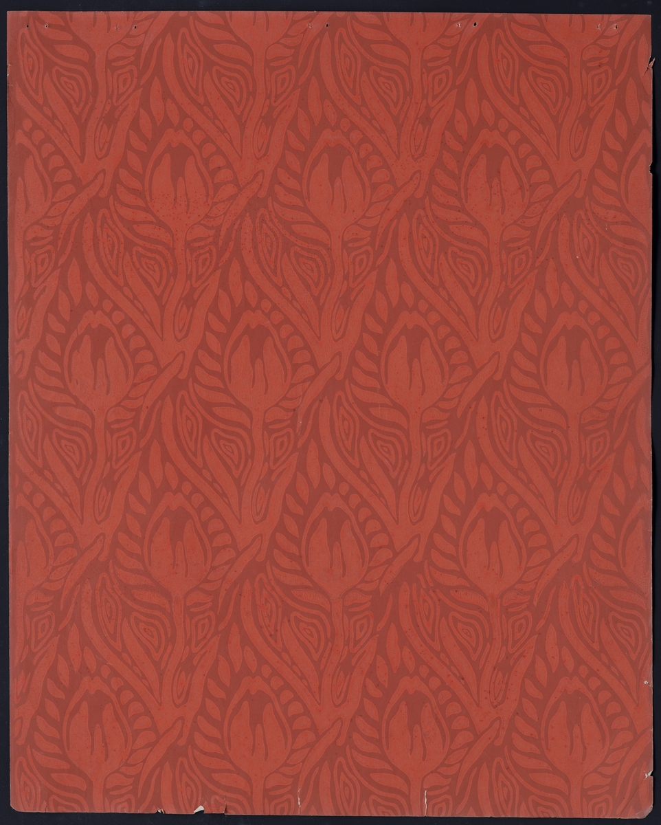 Bok/ hefte med 26 tapetprøver à 47,8 x 59,8 cm. Boken består av 5 mønster med ulike fargevariasjoner. Mønstrene er Tulipan, Akeleie, Dahlia, Dynamografikk og ett uten navn.