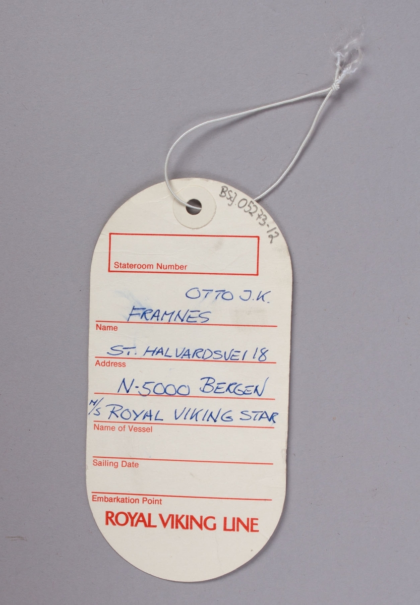 Bagasjelapp fra Royal Viking Line med logo.