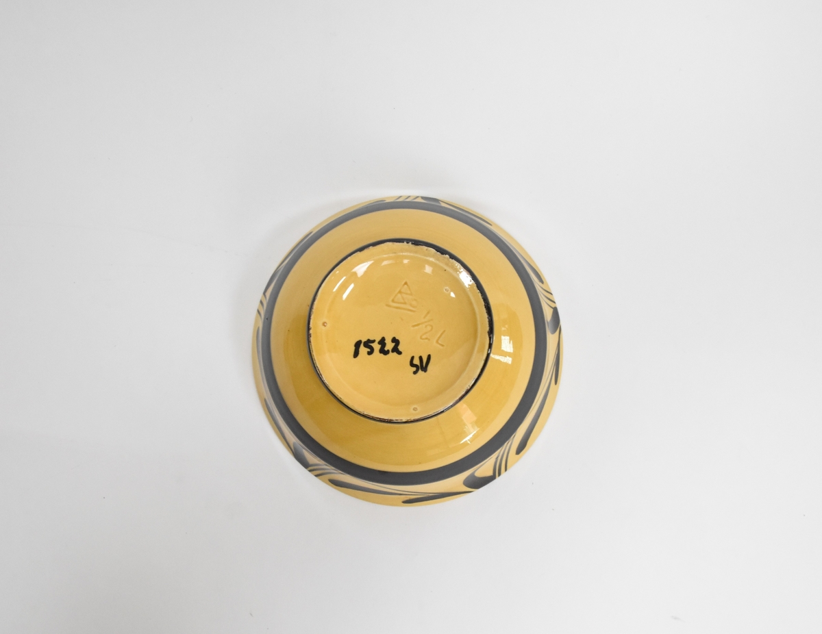 Bolle til mokkaservise, gult med svart pynt, bestående av 30 deler. Serviset er brukt som dokkestell. Dokkestell ble gitt til jenter til lek som forberedelse til voksenlivet. 