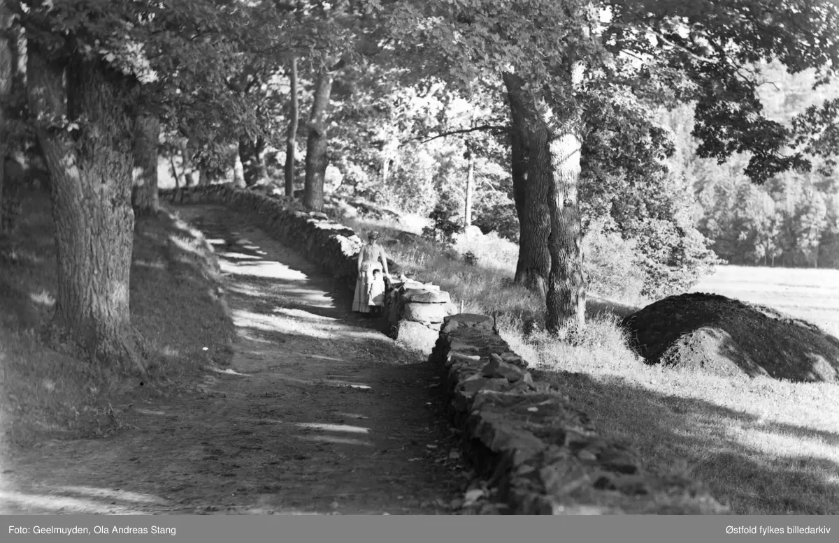 Knardal ved Halden ca. 1890. Landevei. Kvinne og barn,  ukjente.