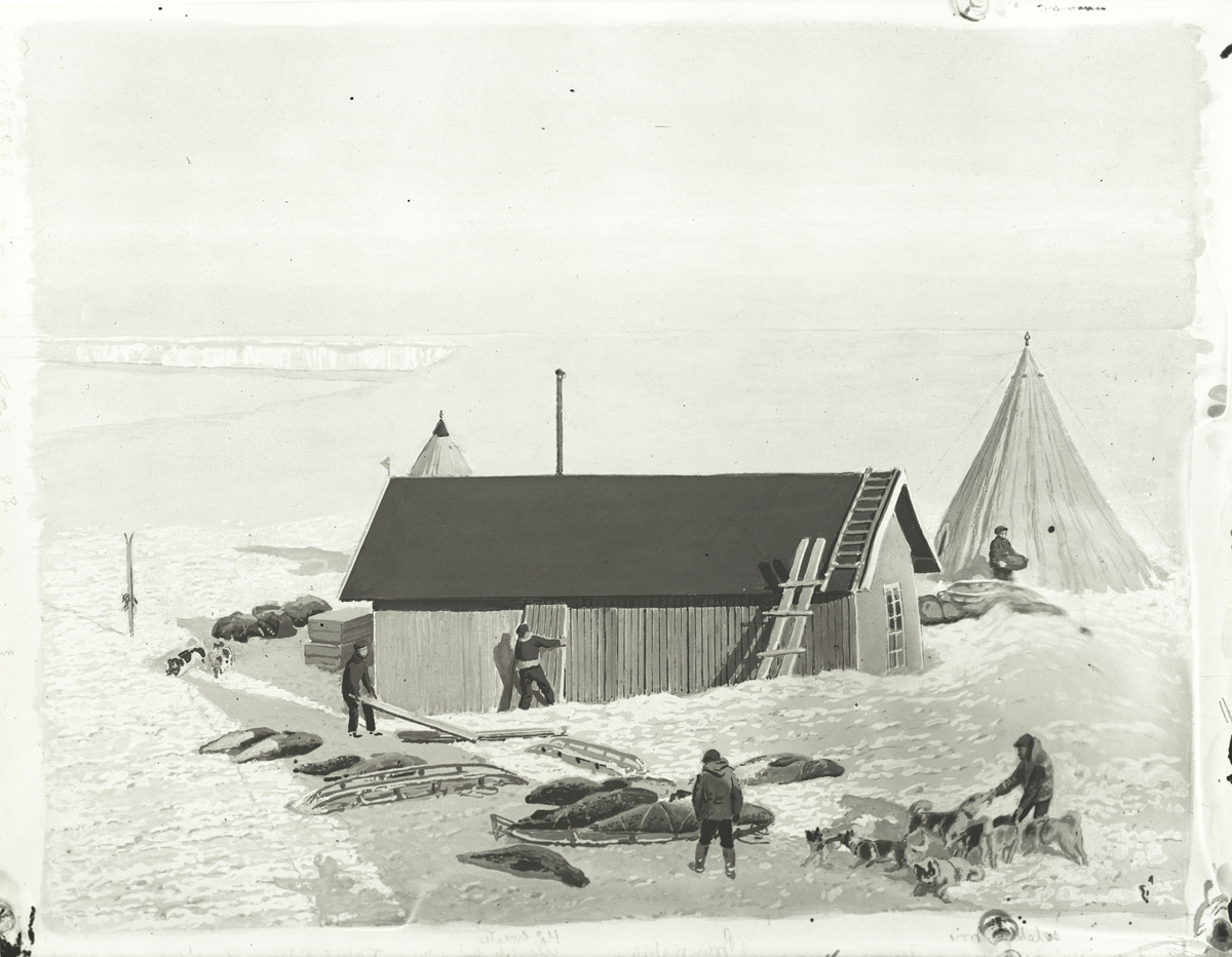 Antatt tegning av Roald Amundsens base ved Framheim, Hvalbukta, Rossisen, Antarktis.