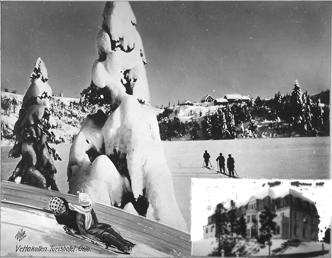 Skiløpere på vei til Vettakollen turisthotell. Tegnet inn to på kjelke nedover. Fotografert 1924.